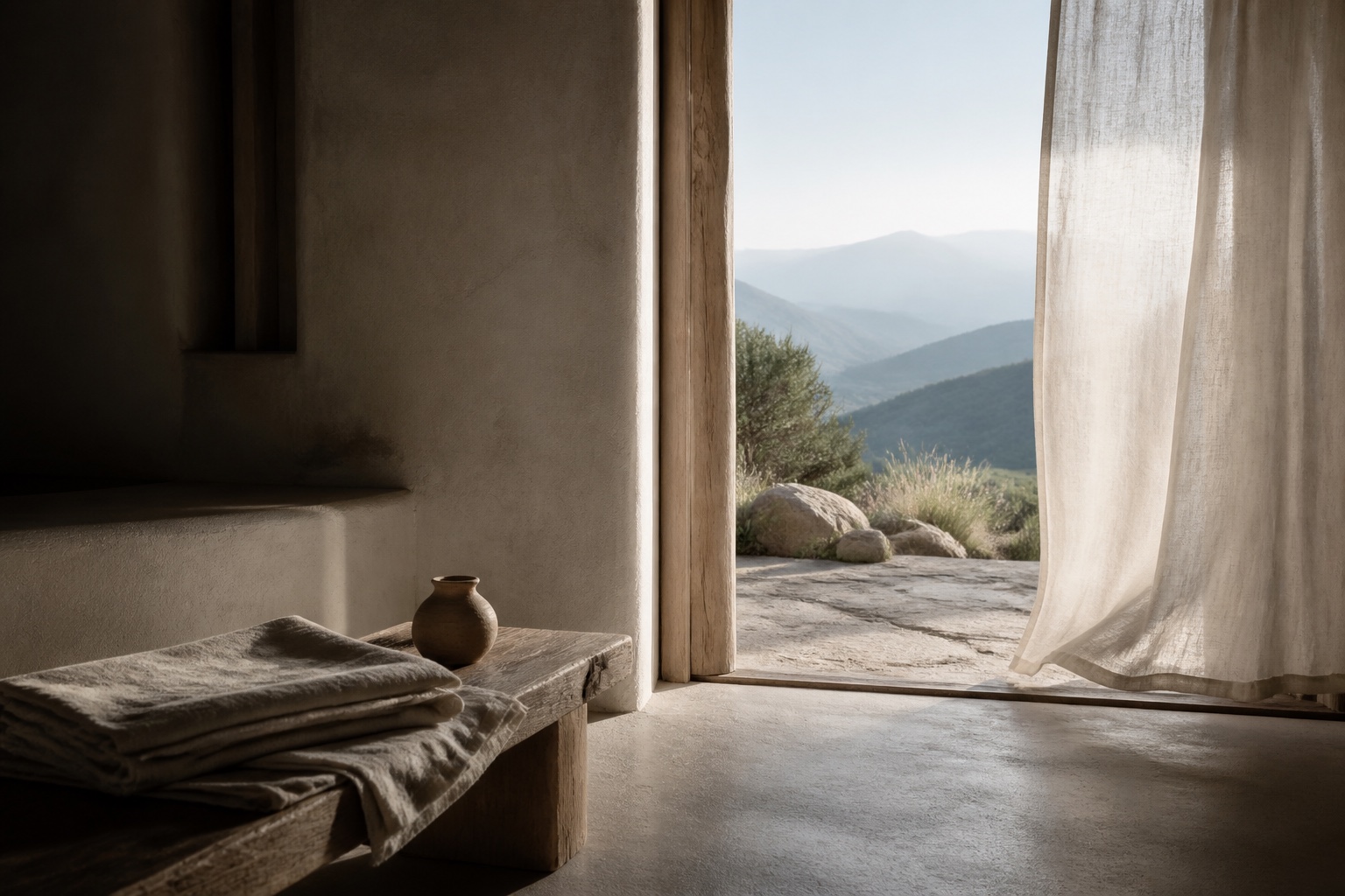 An open doorway and softly moving linen facing a quiet mountain horizon.